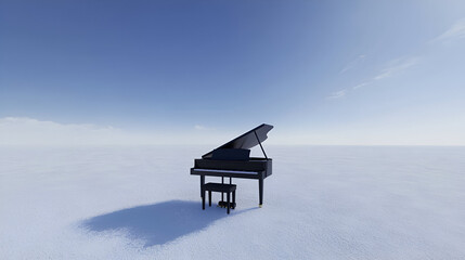 Fototapeta premium A solitary grand piano stands on an expansive, serene, and empty landscape under a wide sky.