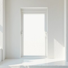 Minimalist white niche window on clean white wall, soft natural lighting, modern interior