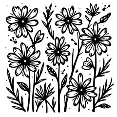 Elegant monochrome floral pattern featuring daisies and stylized foliage design