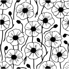 Elegant Floral Pattern: Seamless Black and White Poppy Design for Versatile Applications
