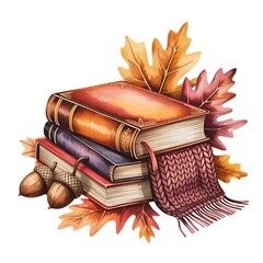 Stacked books with autumn leaves and acorns scarf