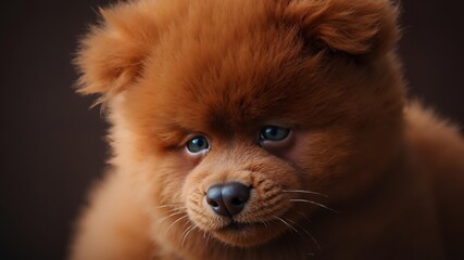 A young reddish brown pomeranian puppy with large blue eyes