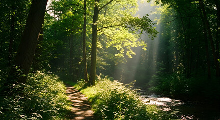 Obraz premium Golden sunbeams pierce through the lush green canopy illuminating a tranquil forest path beside a flowing stream.