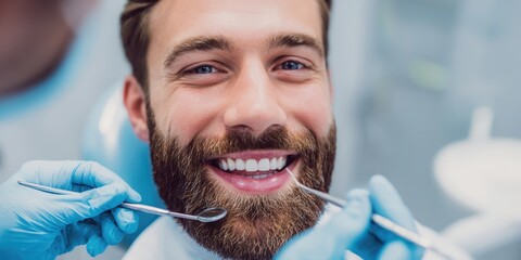 The Dentist Examining a Smiling Patient with a Bright White Smile