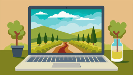 Fototapeta premium The laptop its screen displaying a tranquil vineyard scene blends seamlessly with the natural surroundings of the patio.. Vector illustration