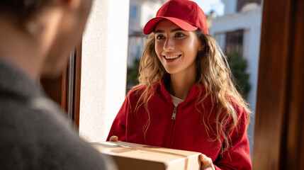 A female courier delivers a package box to a recipient at a home doorstep, capturing modern delivery service, professionalism, and contactless interaction in everyday life.