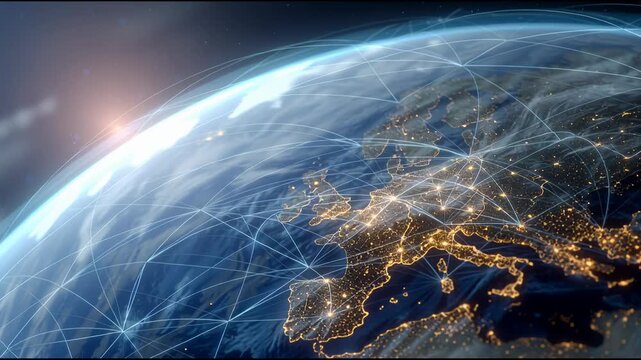 Global Network Visualization: Witness the interconnectedness of our world with a stunning graphic depiction of a global network, showing the flow of data and communication lines that bind us together.