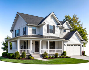 Obraz premium Pristine white residential dwelling with dark shutters and a welcoming front porch on a bright afternoon.