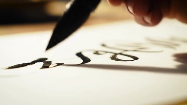 Calligraphy in Action Close-up of Hand Lettering a Word on Paper with Black Ink