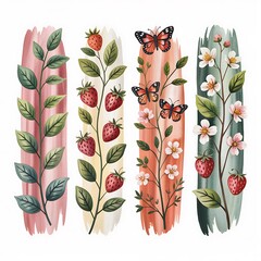 Strawberry and butterfly botanical illustrations floral