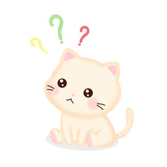 Cute little curious cat with colorful question marks.