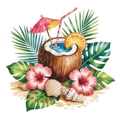 Tropical coconut drink with hibiscus and shells beach