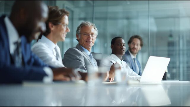 Business Meeting Collaboration: A diverse group of business professionals engages in a productive meeting, showcasing collaboration and strategic discussion.