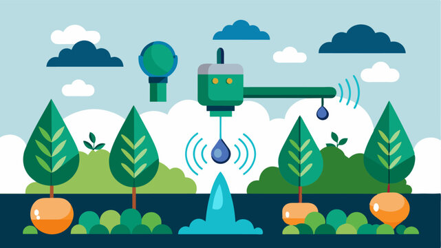An AIcontrolled irrigation system detects water levels in the soil and adjusts the flow and timing of water accordingly reducing waste and ensuring optimal hydration for crops.. Vector illustration