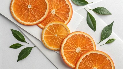 Fresh Orange Slices with Green Leaves on White Background Layout