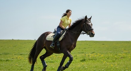 Young woman riding a horse on green field during sunny day  