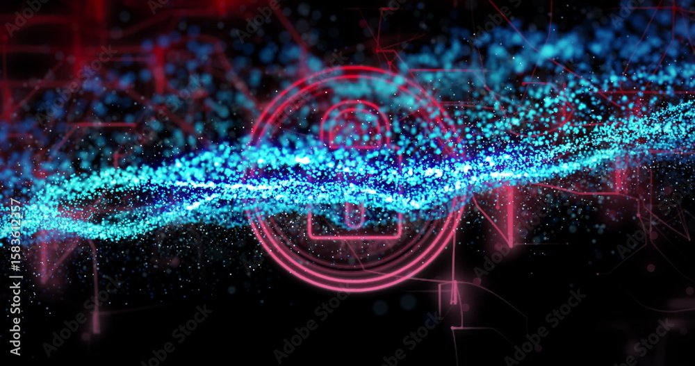 Poster streaming cyan particle wave weaving through data network, with red neon circles and circuit lines