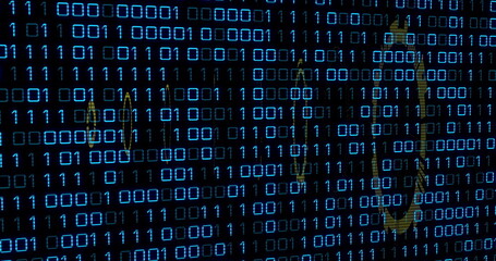 Displaying rows of bright blue binary digits floating across dark interface, with Ethereum logos