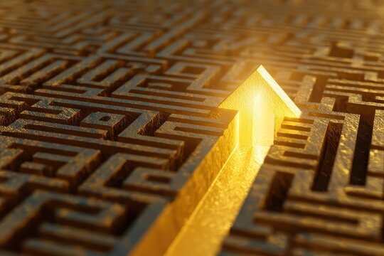 Golden arrow points direction through a detailed labyrinth in a conceptional visual
