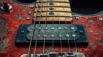 Close-up of a vintage electric guitar's neck and pickups.  Intricate details of the red, distressed finish and the dark metal components are highlighted