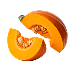 Two Slices of Vibrant Orange Pumpkin, Seeds Visible, Isolated on Black Background, Autumnal Harvest, Food Photography
