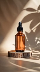 Amber Dropper Bottle with Natural Wood Base and Shadow Play