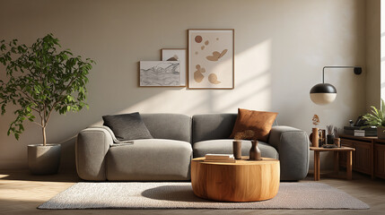 Modern Living Room Interior Beige Sofa Wooden Coffee Table Abstract Art