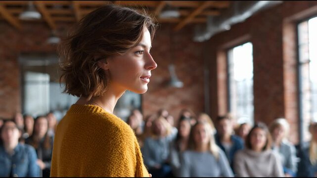 Woman addressing audience: A young woman with short brown hair, wearing a mustard yellow sweater, stands in profile, addressing a large audience in a rustic-chic conference room.