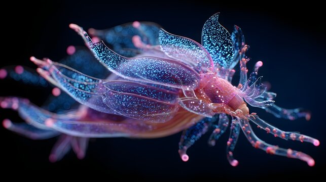 A bioluminescent, otherworldly creature resembling an insect floats in the darkness, its delicate wings and limbs glowing with soft pink and blue light, evoking a sense of wonder.