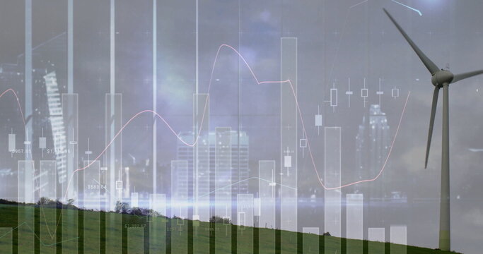 Dominating grassy hill, wind turbine looming under cloudy sky, financial chart overlays, copy space - Powered by Adobe