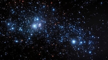 A dark background with numerous stars- some of which emit blue light- forming an array of star clusters in space.