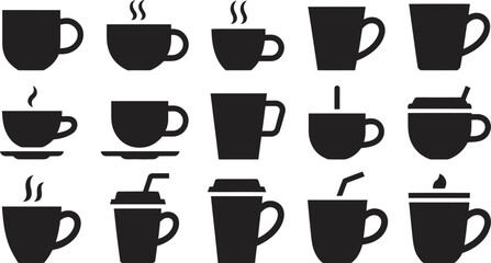 Coffee and Tea Cup Silhouettes Set – Black Beverage Mug and Drinkware Icon Vector