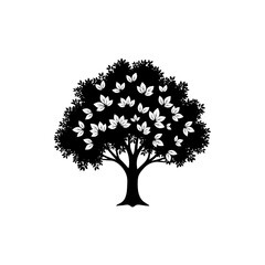 Fototapeta premium Silhouette of a tree with dense foliage and scattered leaves showing through the canopy design element