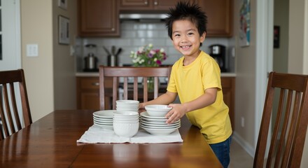Happy young boy stacking plates at dining table in modern kitchen  