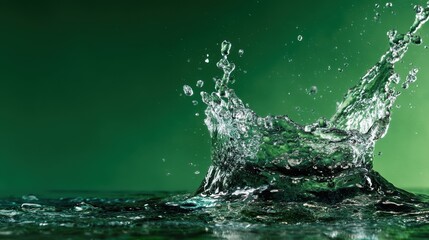 A close-up splash of water creates mesmerizing patterns against a vibrant green background, evoking a sense of freshness.
