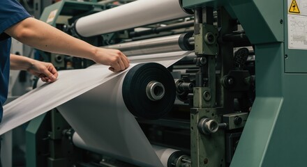 Worker operating paper printing machine in industrial facility