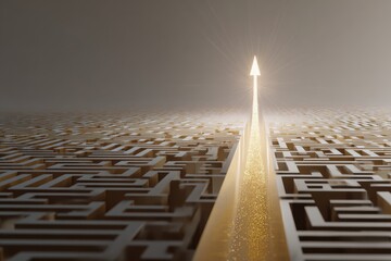 Fototapeta premium An arrow breaks free from a maze, showing a clear path forward with golden light