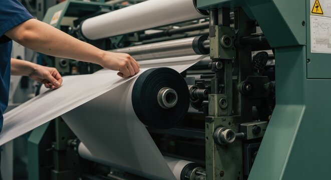 Worker operating paper printing machine in industrial facility  