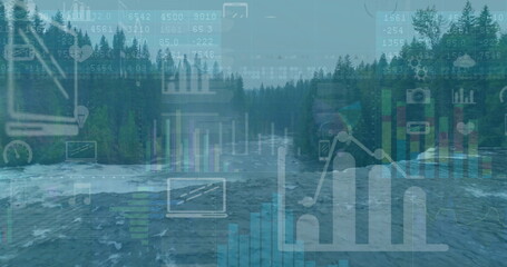 Flowing river sending white water rapids through forest gorge displaying data charts and icons