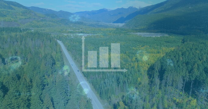 Fototapeta Snaking paved highway winding through conifer forest in mountain valley, with two cars and peaks