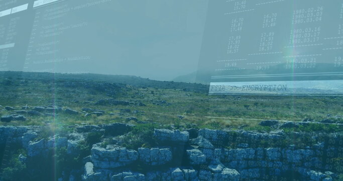 Overlaying drystone wall and rolling grassy rocky hills in countryside with encryption code visible