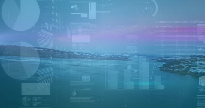 Displaying coastal bay scene showing calm snow-dusted hills under pale sky, with HUD panels