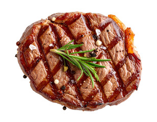 Photorealistic Ribeye Steak with Spices and Herbs, Top-Down View, Isolated on Transparent Background