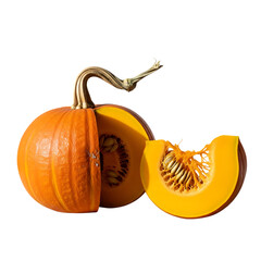 Vibrant Autumn Pumpkin: Studio Shot of Halved and Sliced Orange Pumpkin with Seeds, Isolated on Black Background.