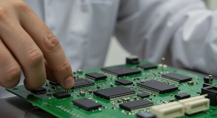 Obraz premium Technician inspecting electronic circuit board with precision tools 