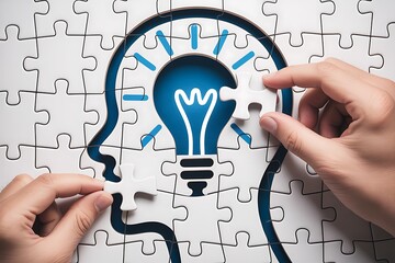 Human head puzzle with glowing lightbulb inside silhouette
