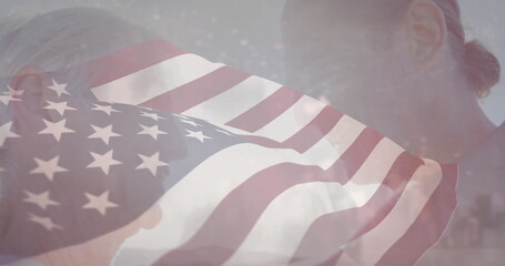 Sharing conversation between mother and son in chapel, with American flag graphic and cross shapes