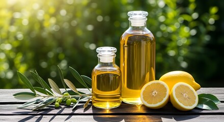 Natural Citrus and Olive Oils with Fresh Lemons on Wood