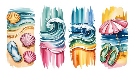 Beach scene watercolor art ocean waves