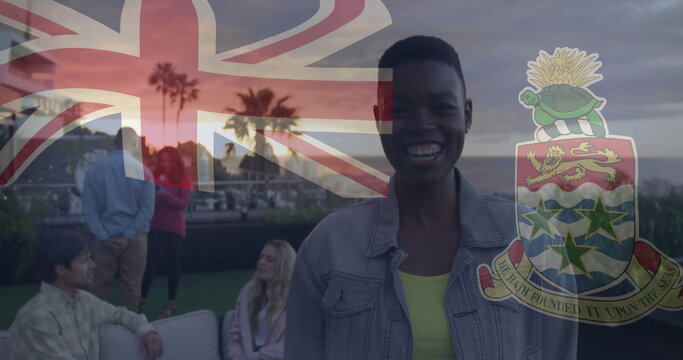 Smiling man in denim jacket on rooftop lounge, with flag and coat-of-arms overlay, copy space